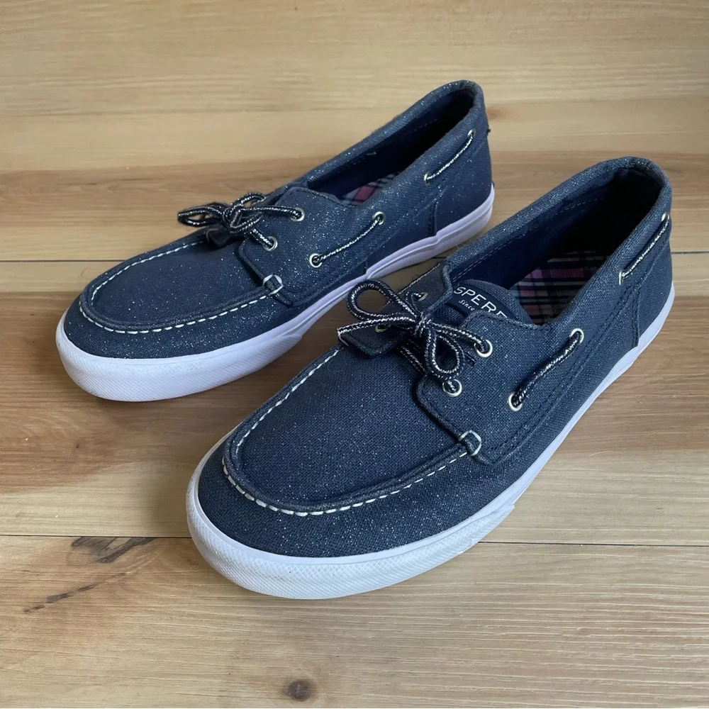 Sperry Women/girl’s Bahama Boat Shoe Slip On Loafer Navy Shimmer Sz 5.5